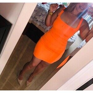 Sexy Neon Orange Bodycon Dress Medium High Stretch Double-Lined Mini Sleeveless